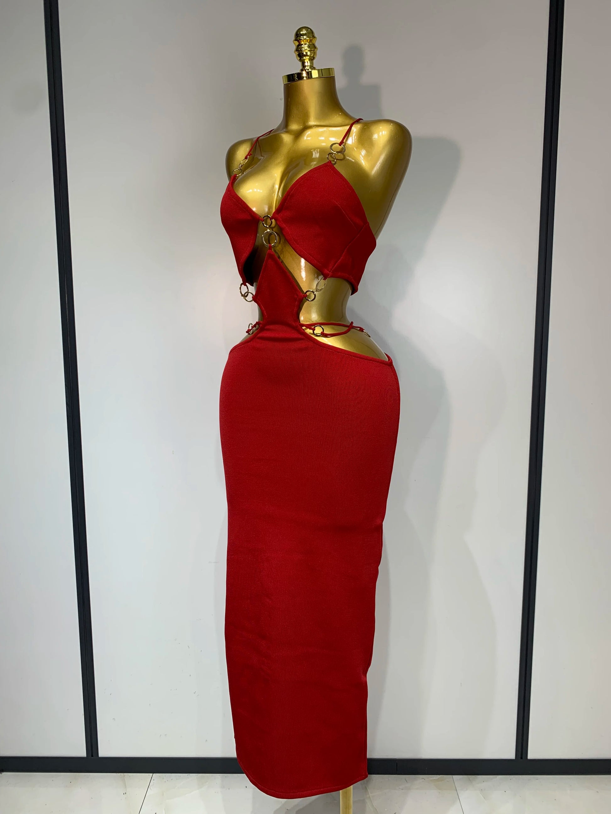 Hollow Out Black Red Bodycon Long Bandage Dress