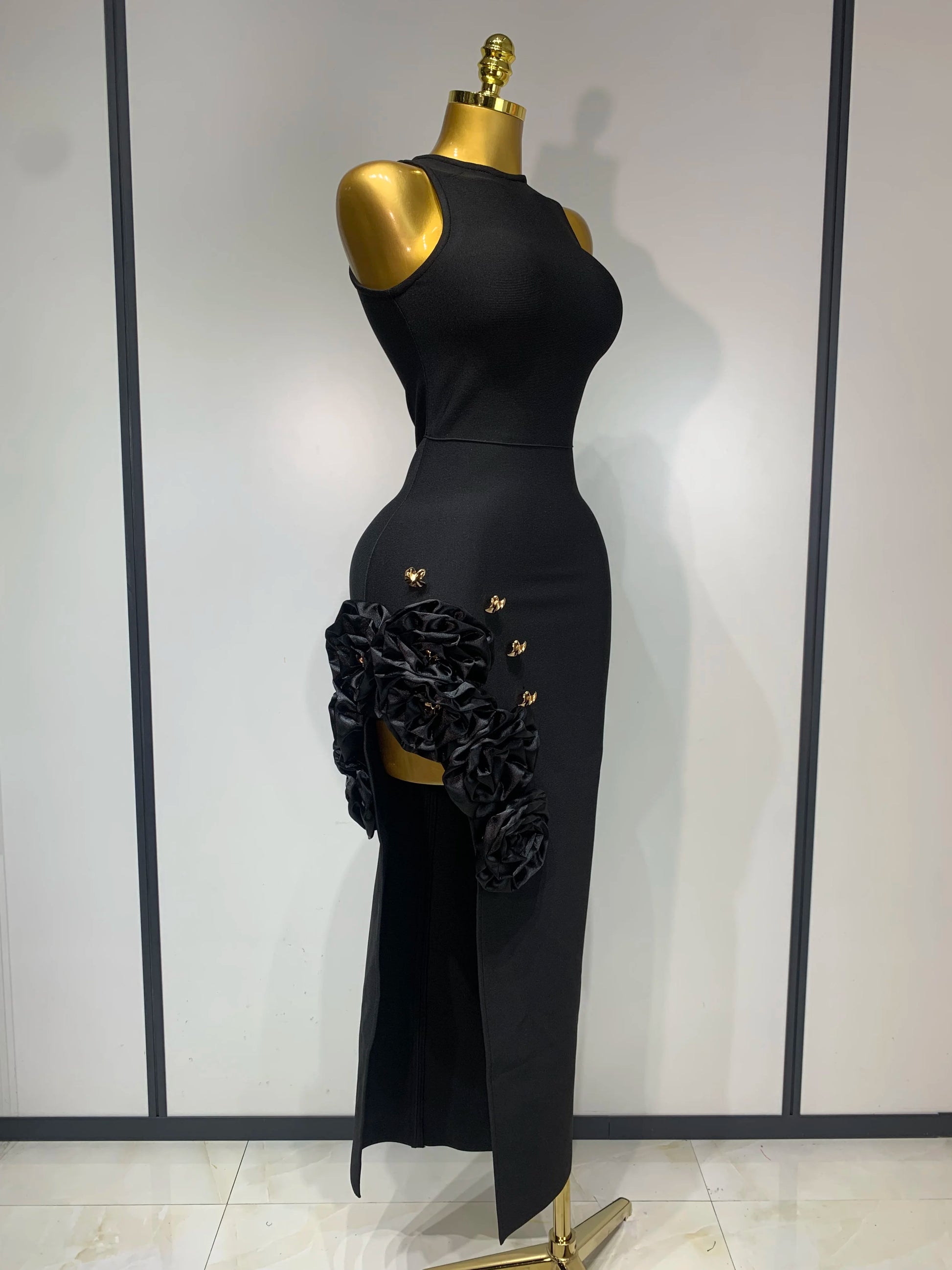 Noir Rosette Ruffle Midi Dress