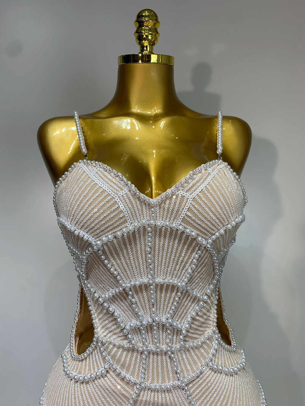 Pearl Beading Cut Out Maxi Long Bodycon Dress