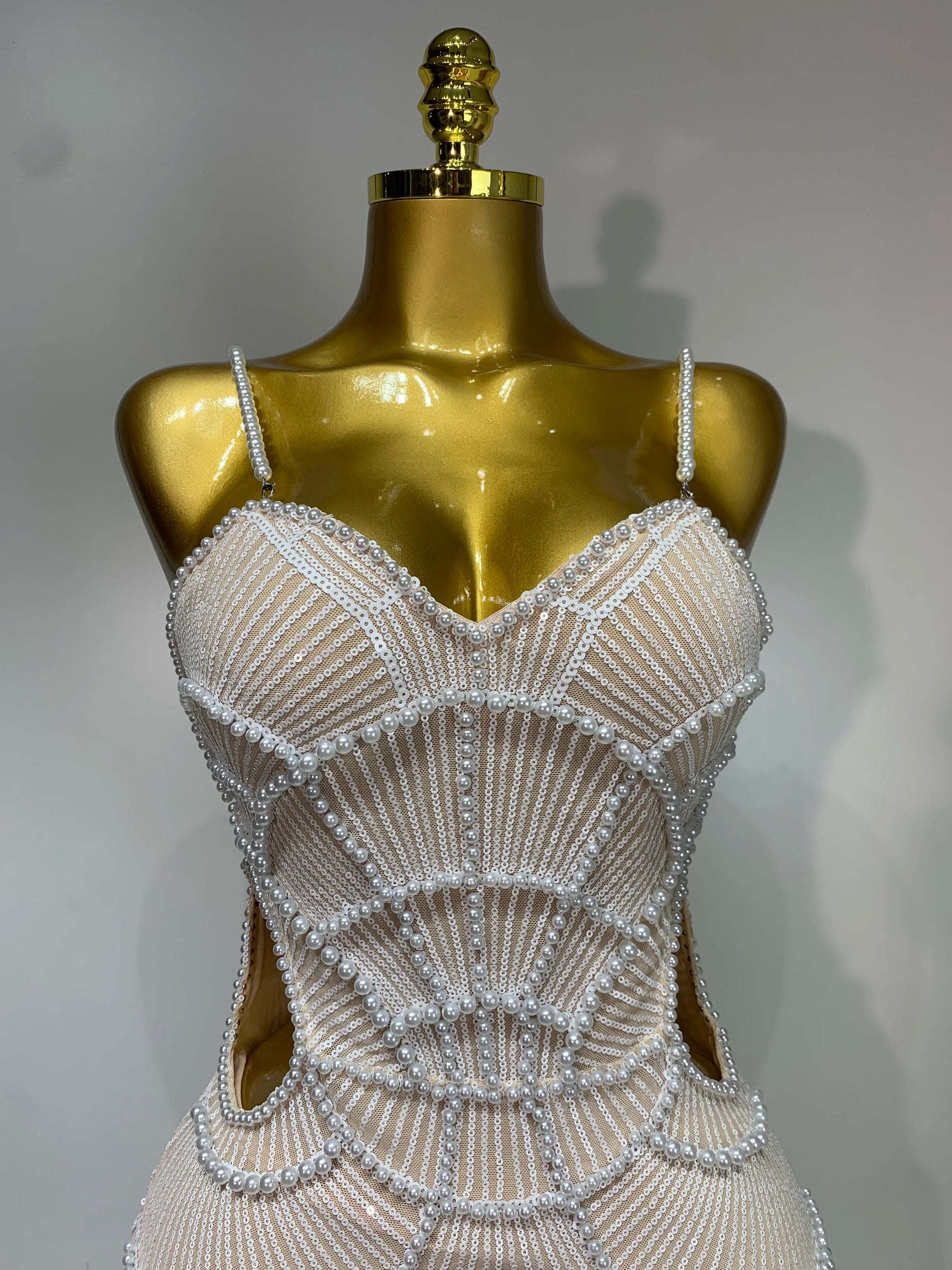 Pearl Beading Cut Out Maxi Long Bodycon Dress