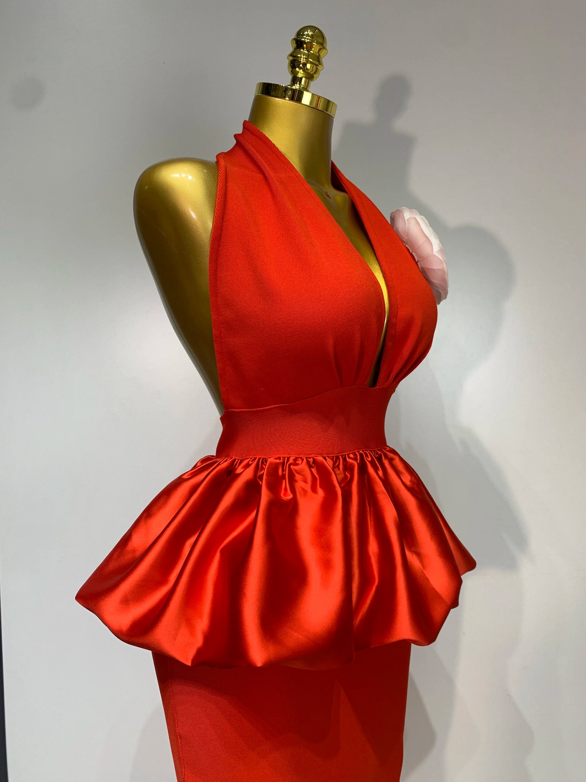 Scarlet Peony Satin Peplum Gown