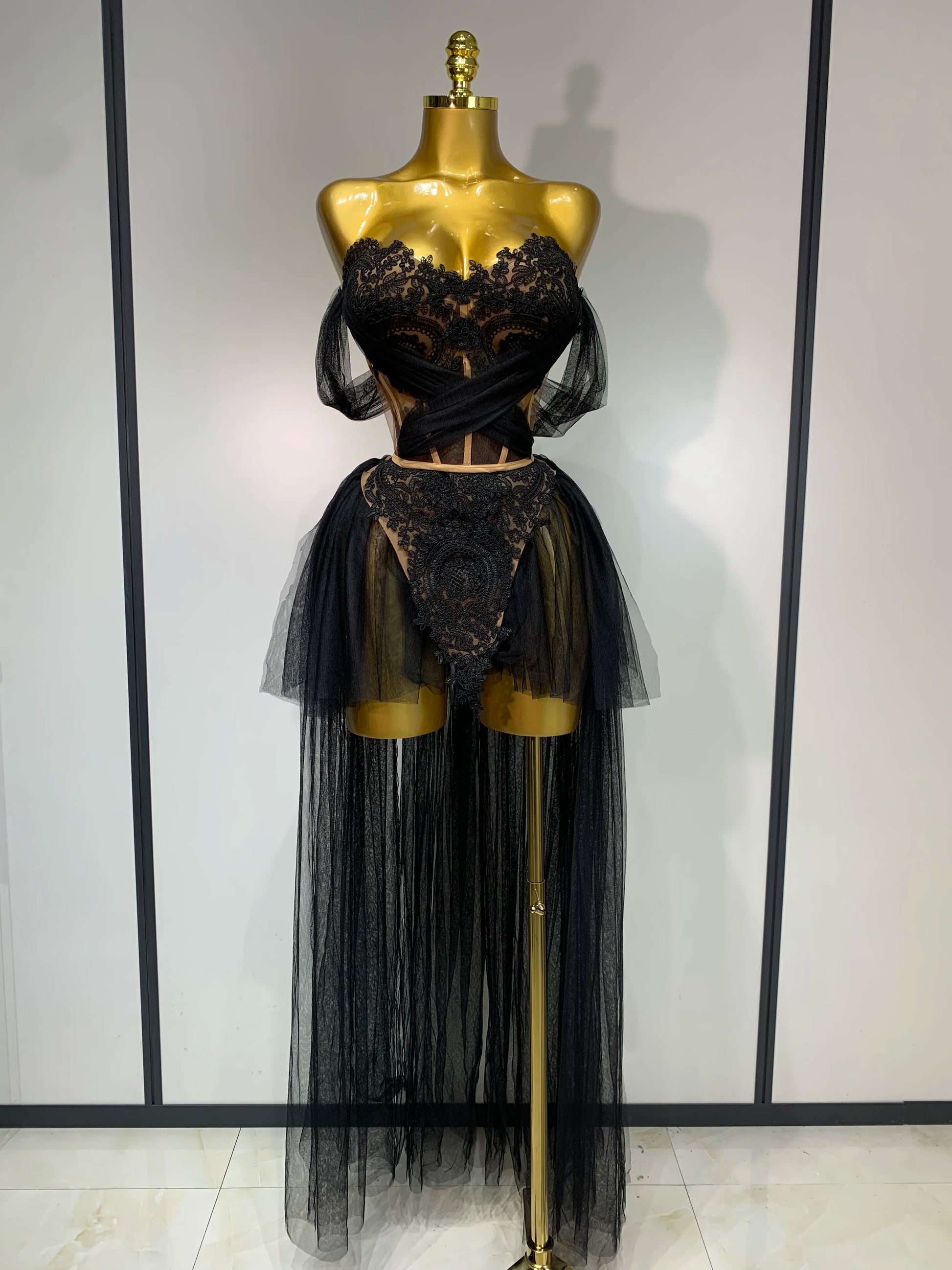 Sexy Backless Mesh Top Skirt Two Pieces Set