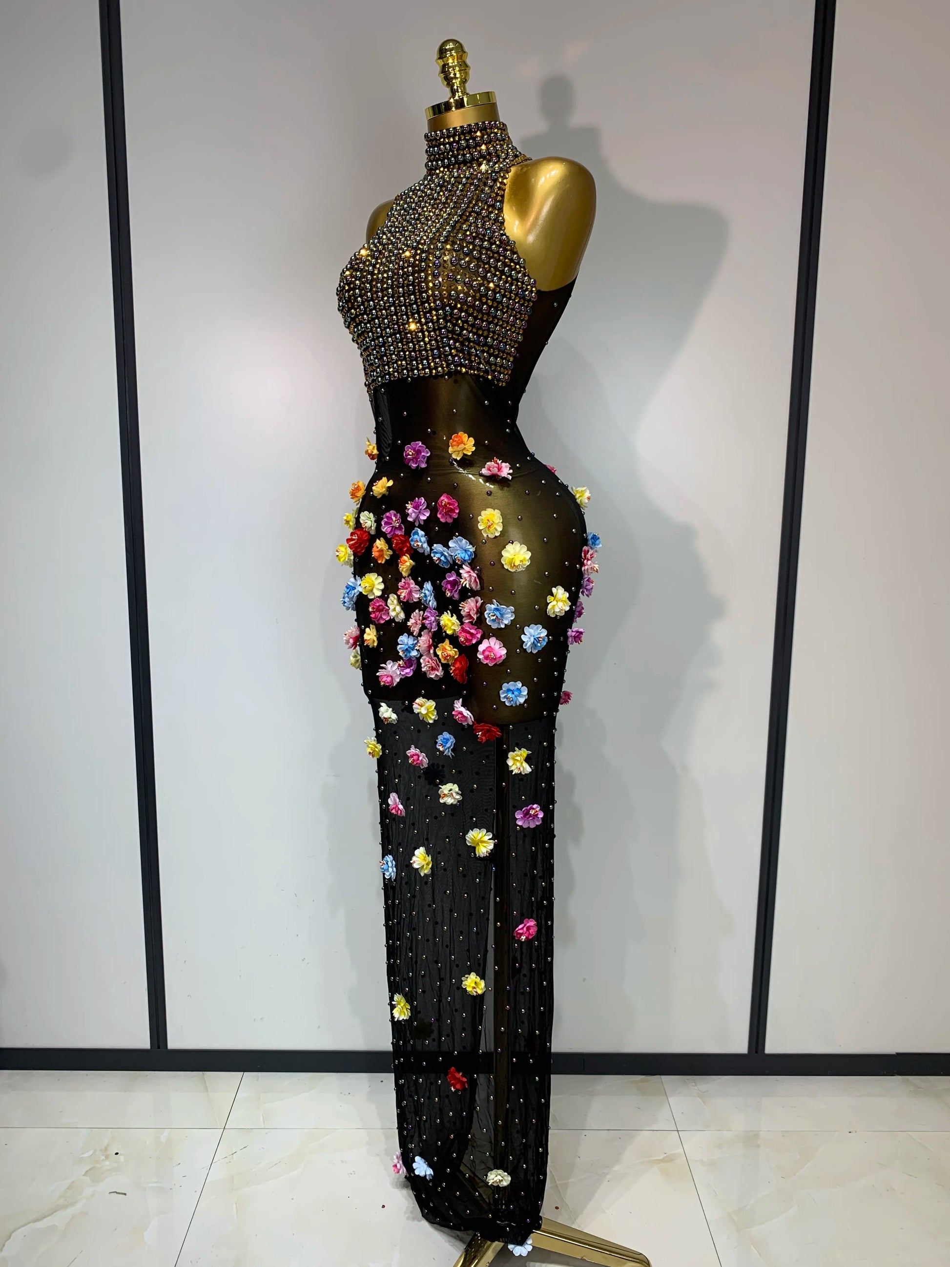 Rhinestones Flowers Sexy See Through Long Dress