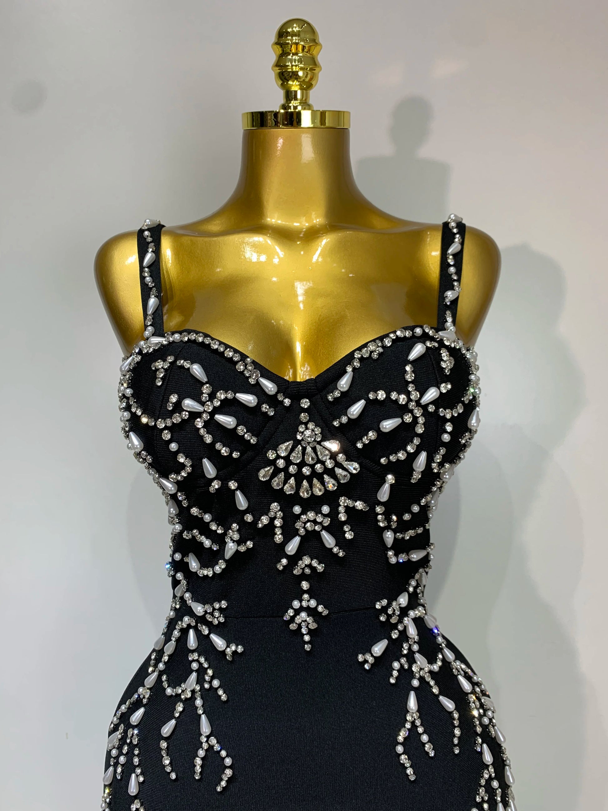 V-Neck Black Beading Maxi Long Bodycon Bandage Dress