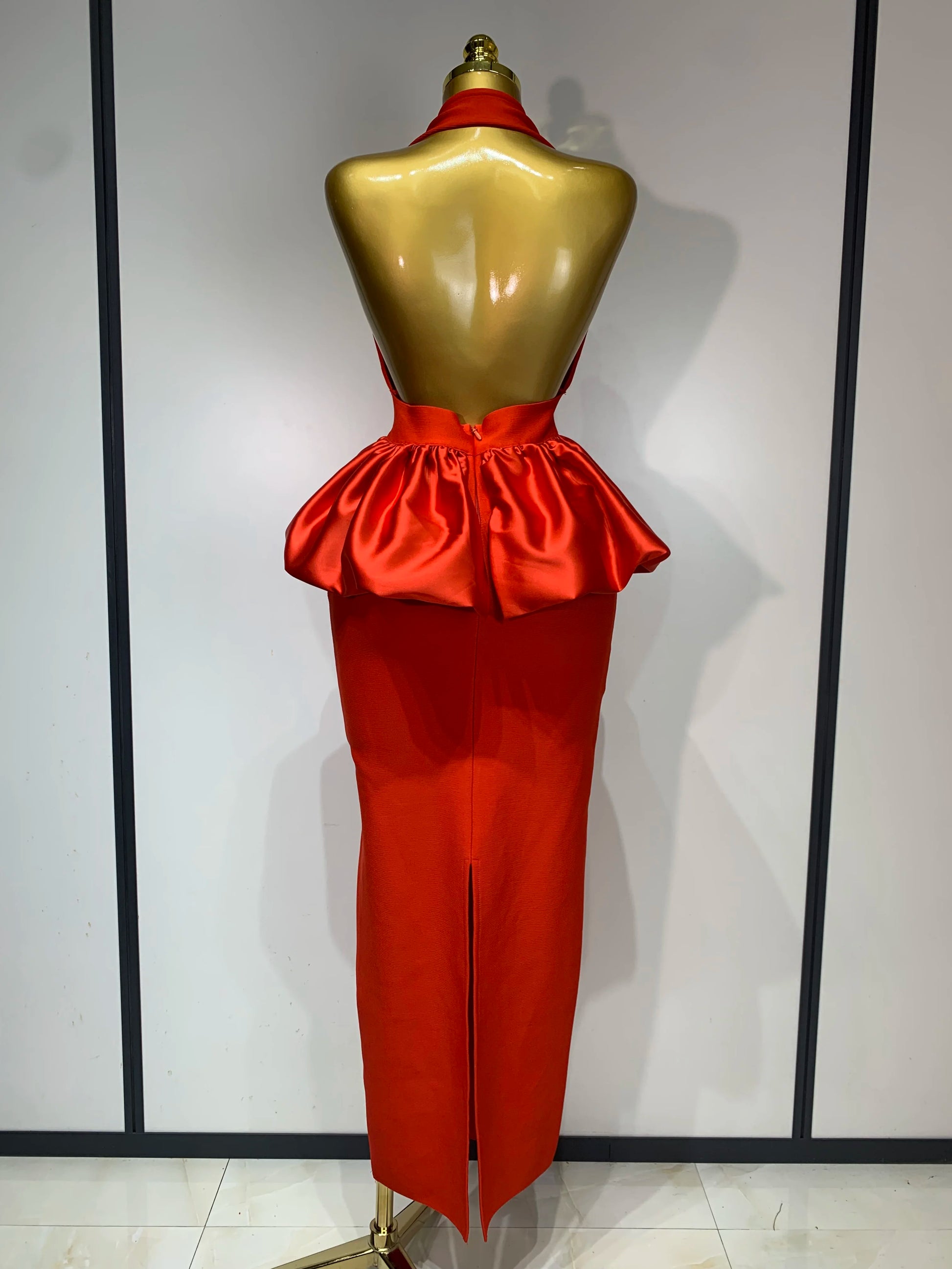 Scarlet Peony Satin Peplum Gown