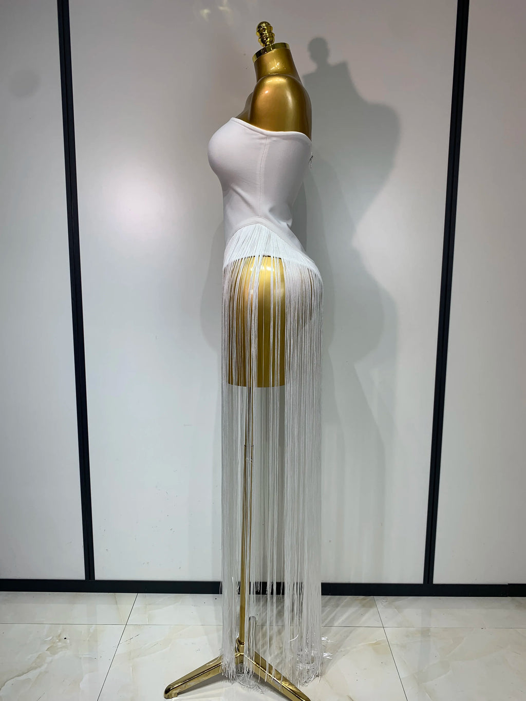 Sexy White Elegant Strapless Long Tassels Bandage Bodysuit