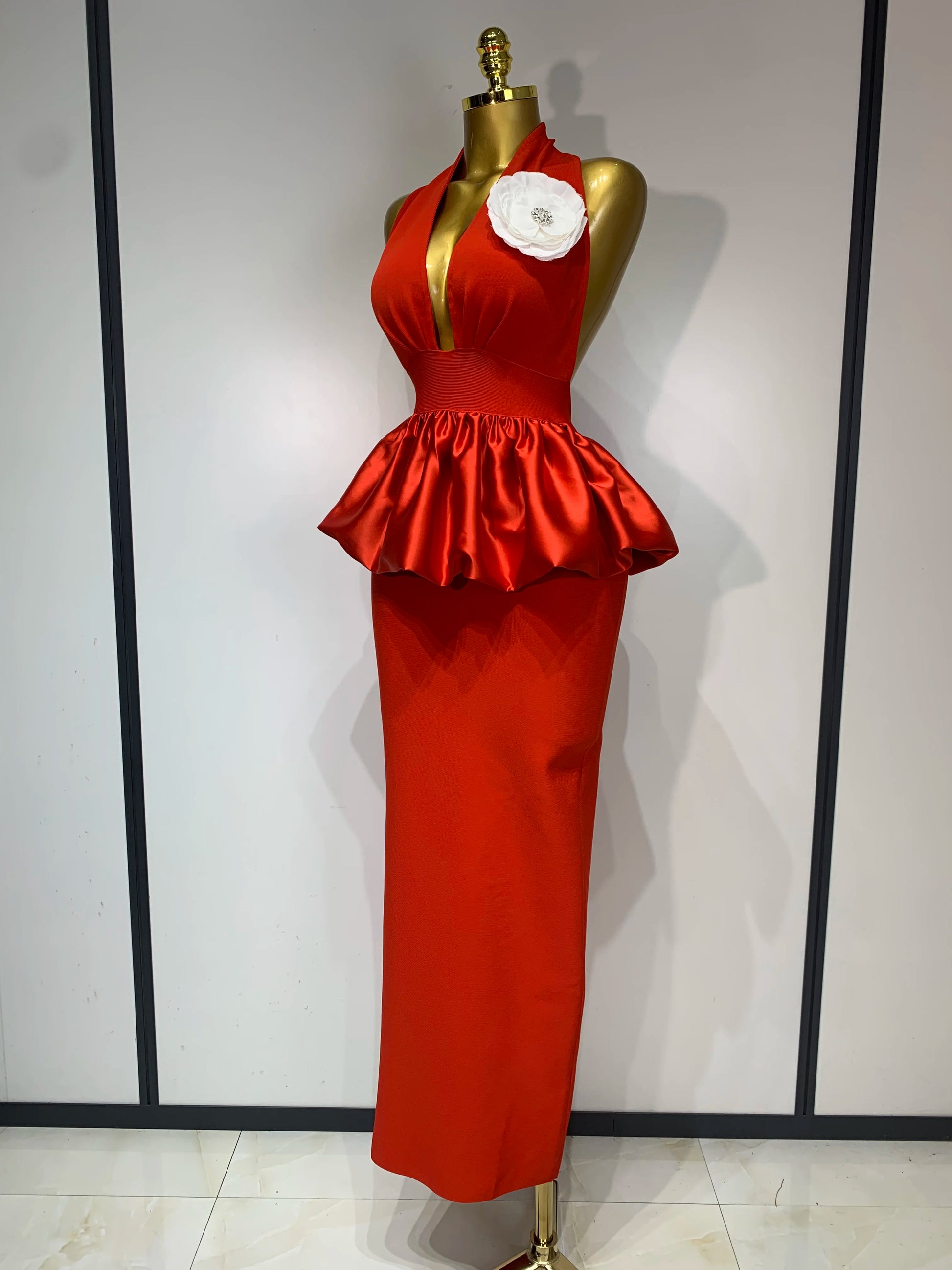 Scarlet Peony Satin Peplum Gown