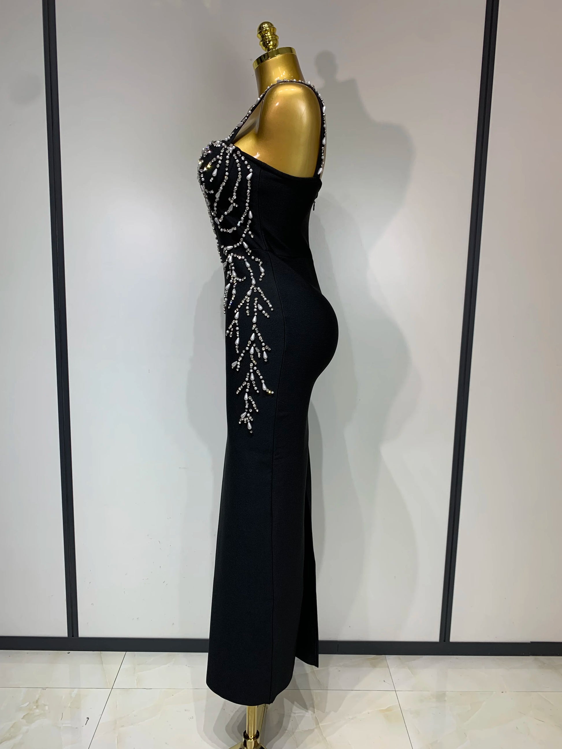V-Neck Black Beading Maxi Long Bodycon Bandage Dress