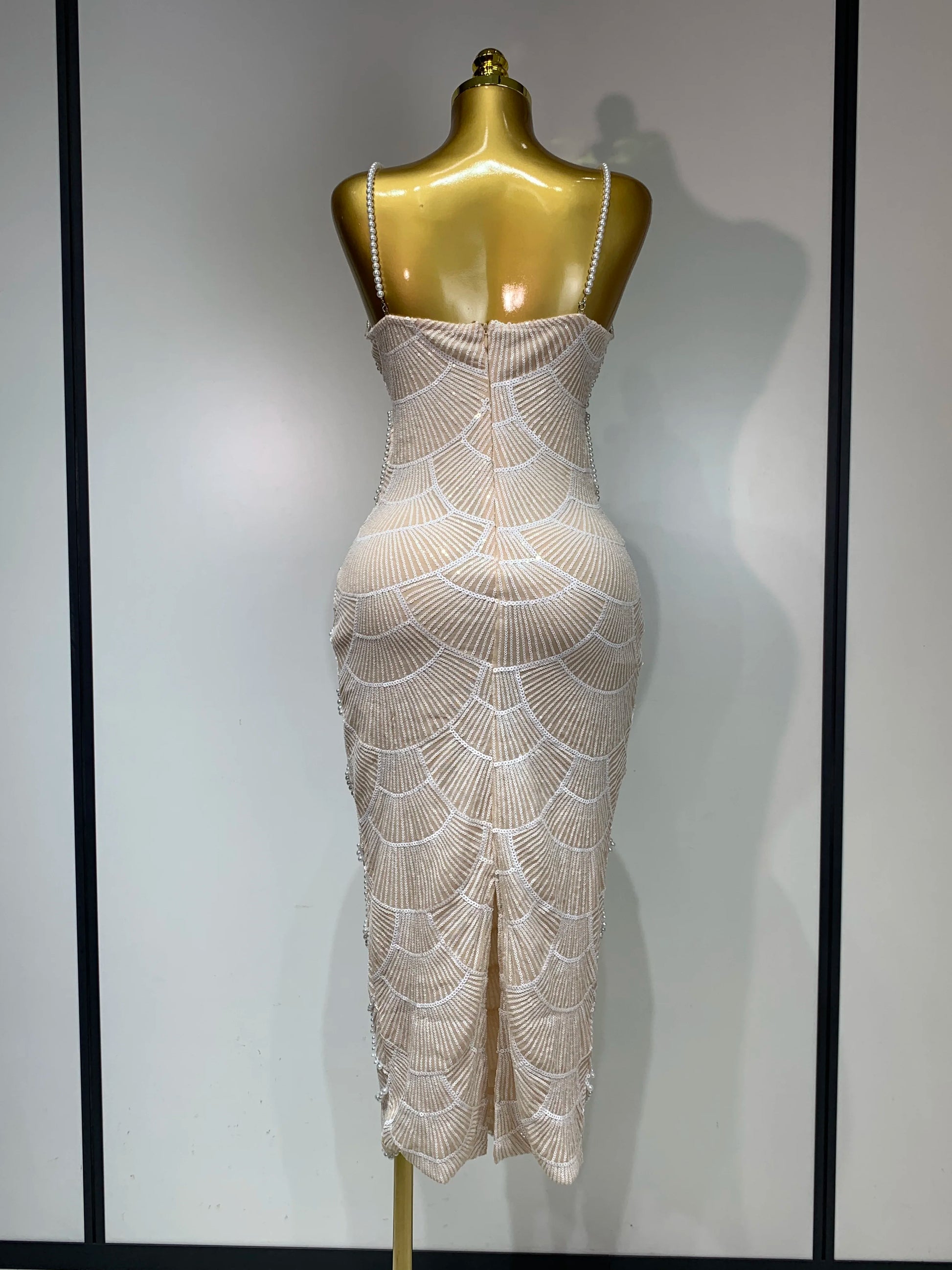 Pearl Beading Cut Out Maxi Long Bodycon Dress