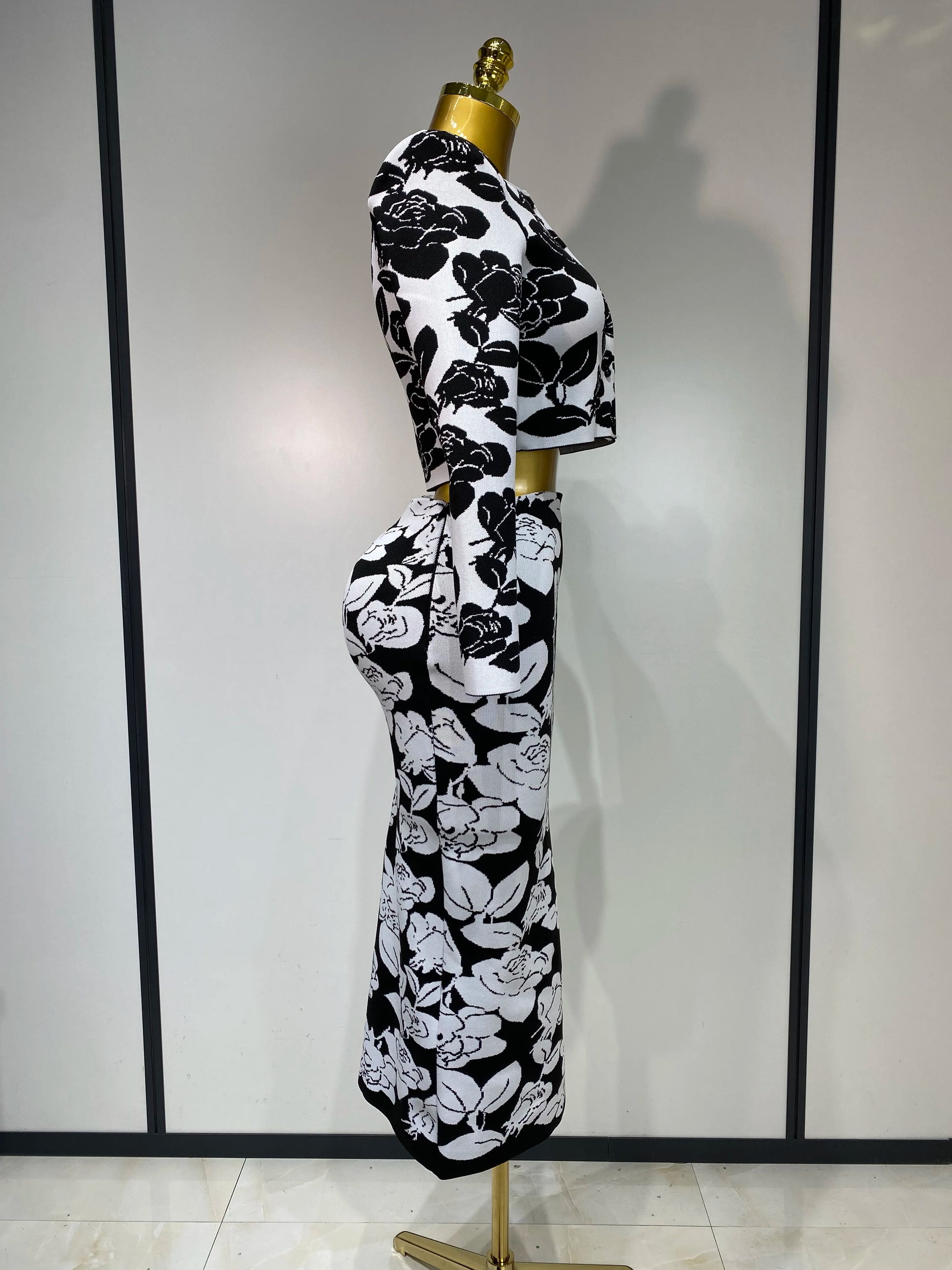 Monochrome Bloom Skirt Suit