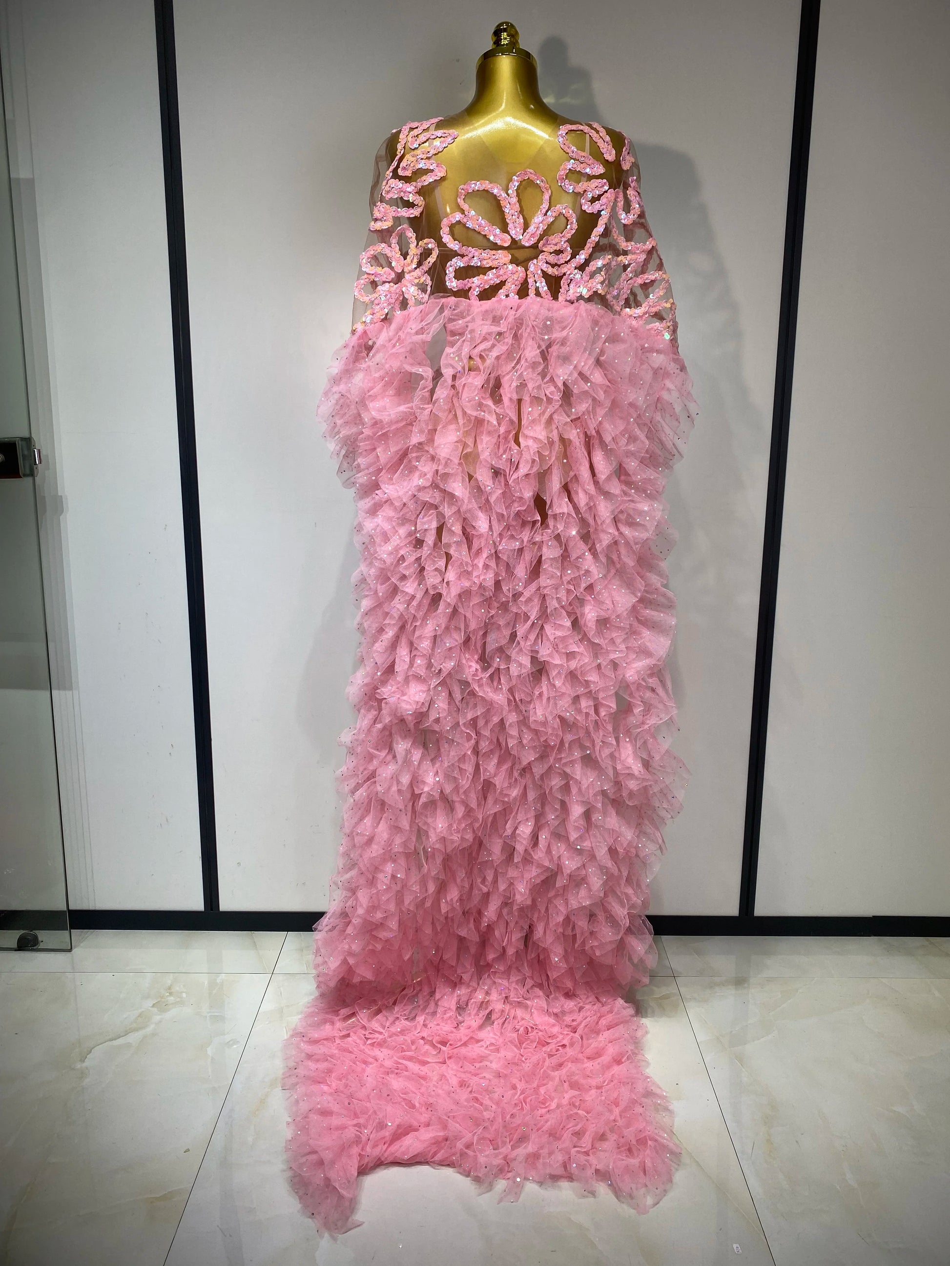 Mesh See Through Sequins Pink Maxi Long Dress