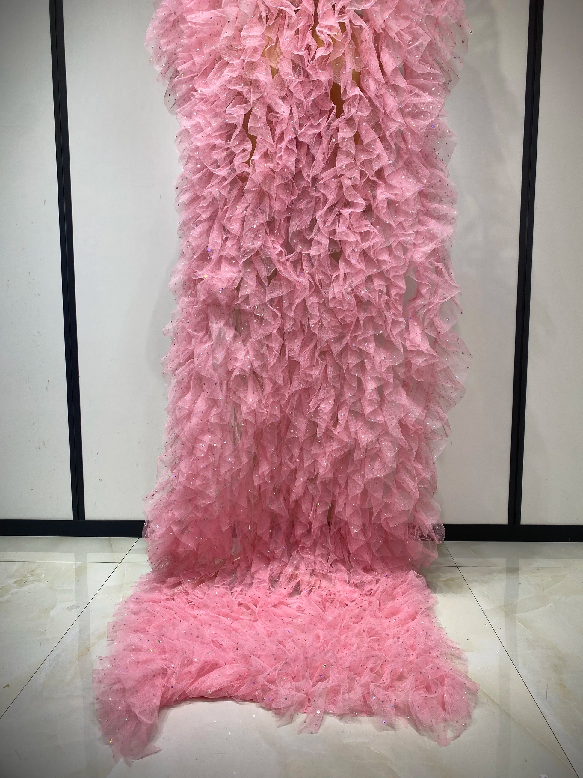 Mesh See Through Sequins Pink Maxi Long Dress