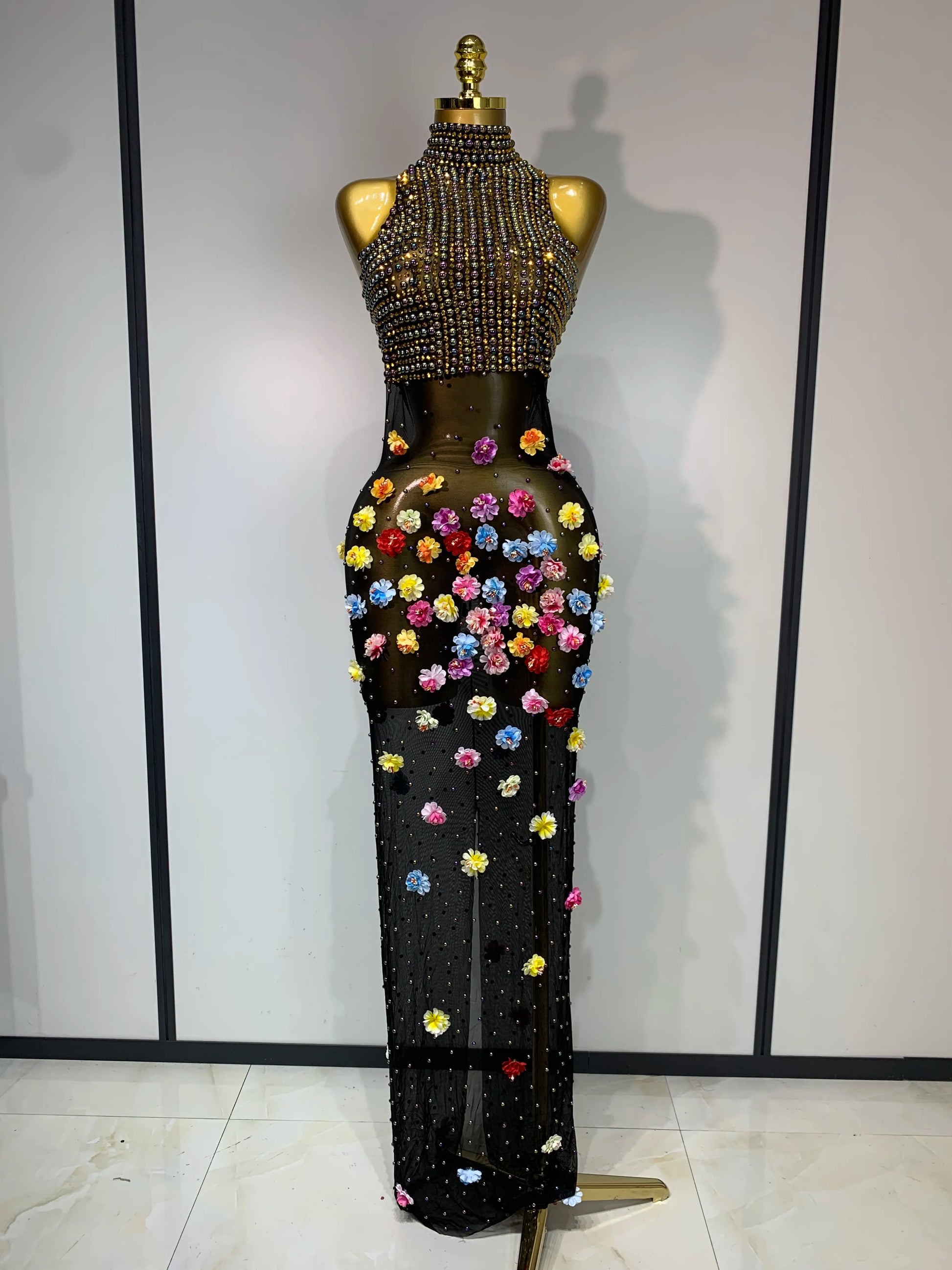 Rhinestones Flowers Sexy See Through Long Dress