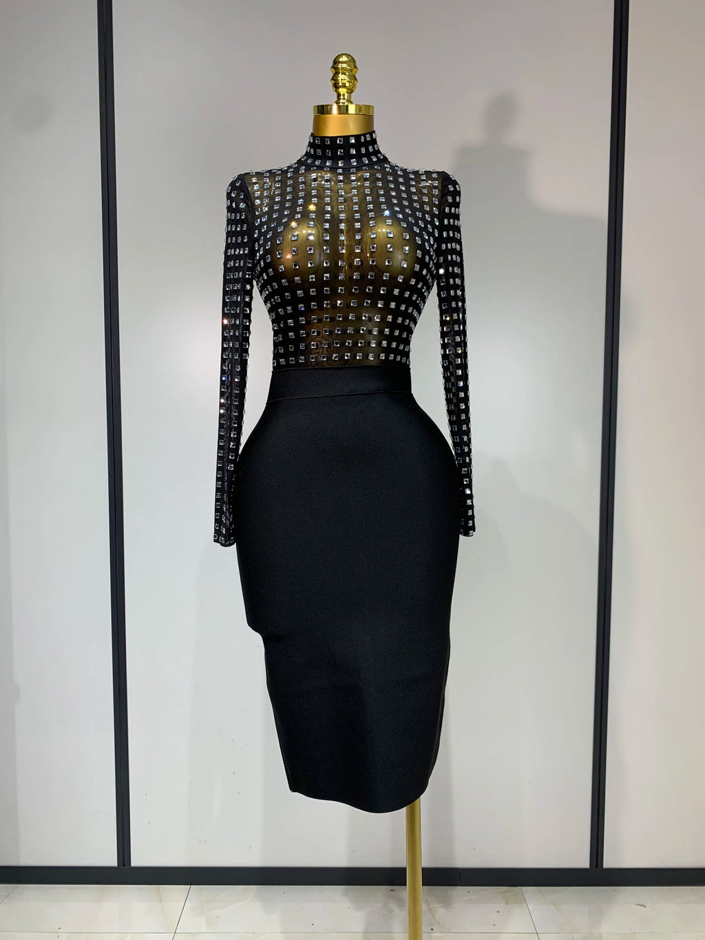 Turtleneck Rhinestones Black Mesh Bodycon Bandage Dress