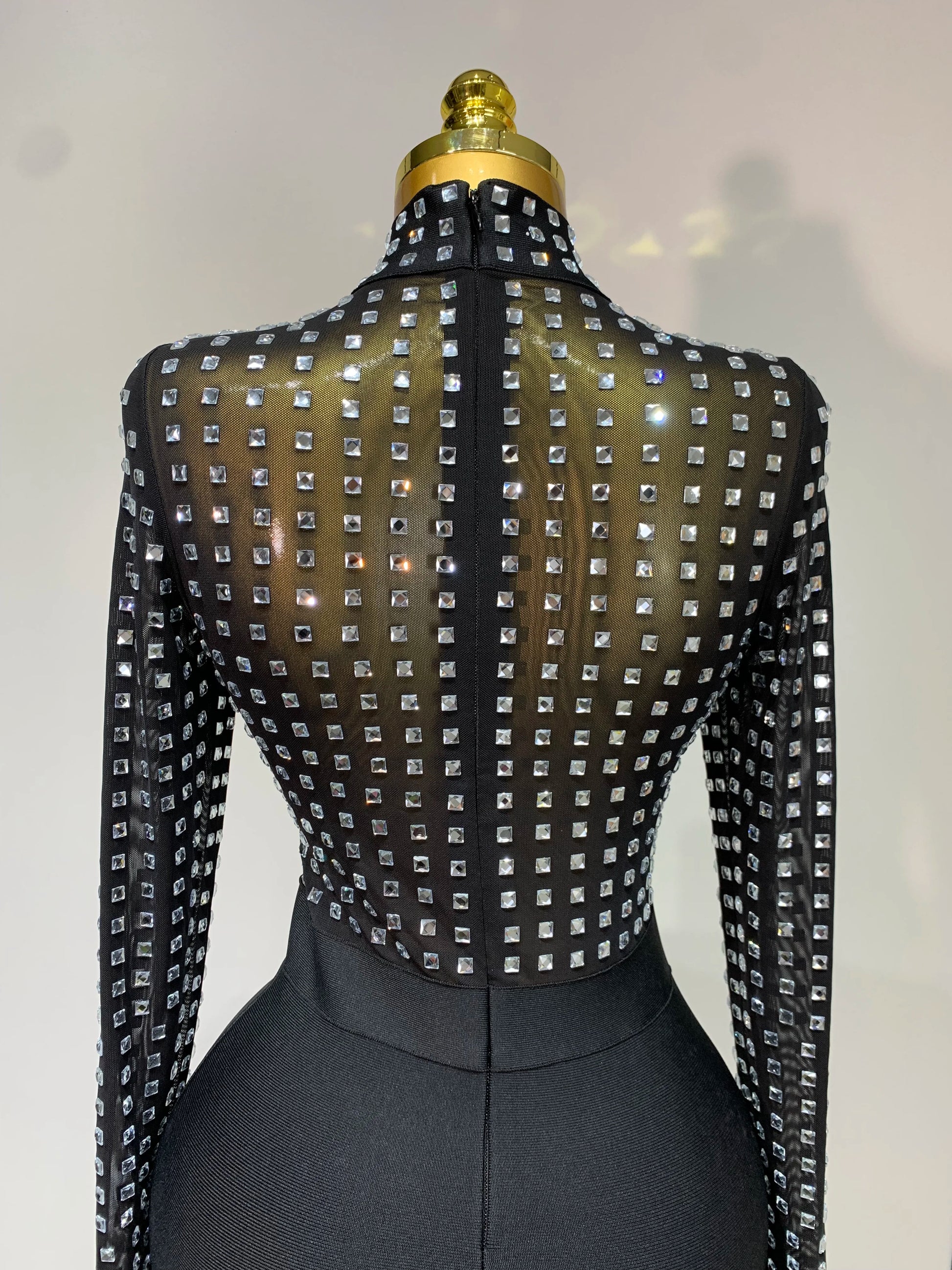 Turtleneck Rhinestones Black Mesh Bodycon Bandage Dress