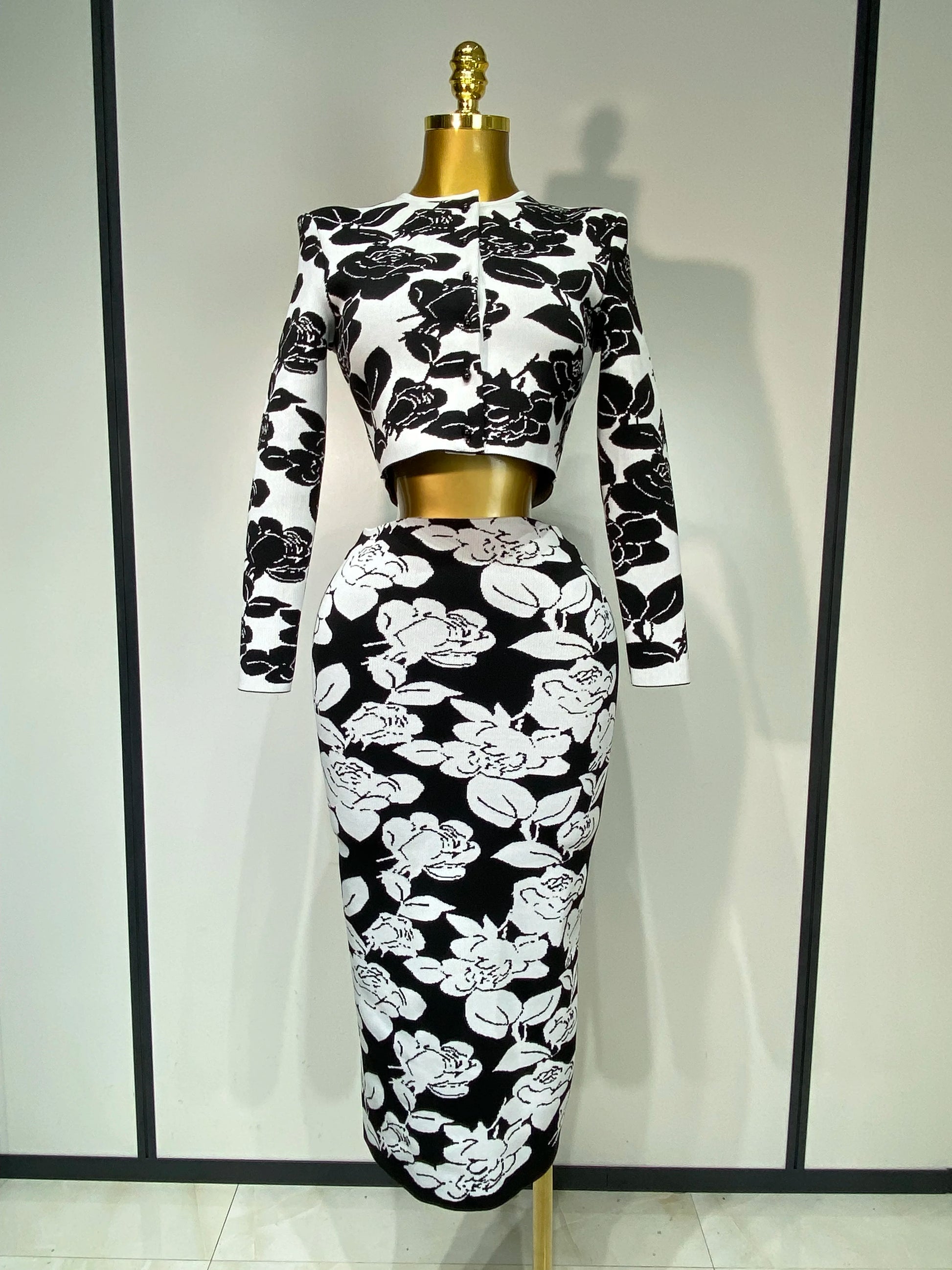 Monochrome Bloom Skirt Suit