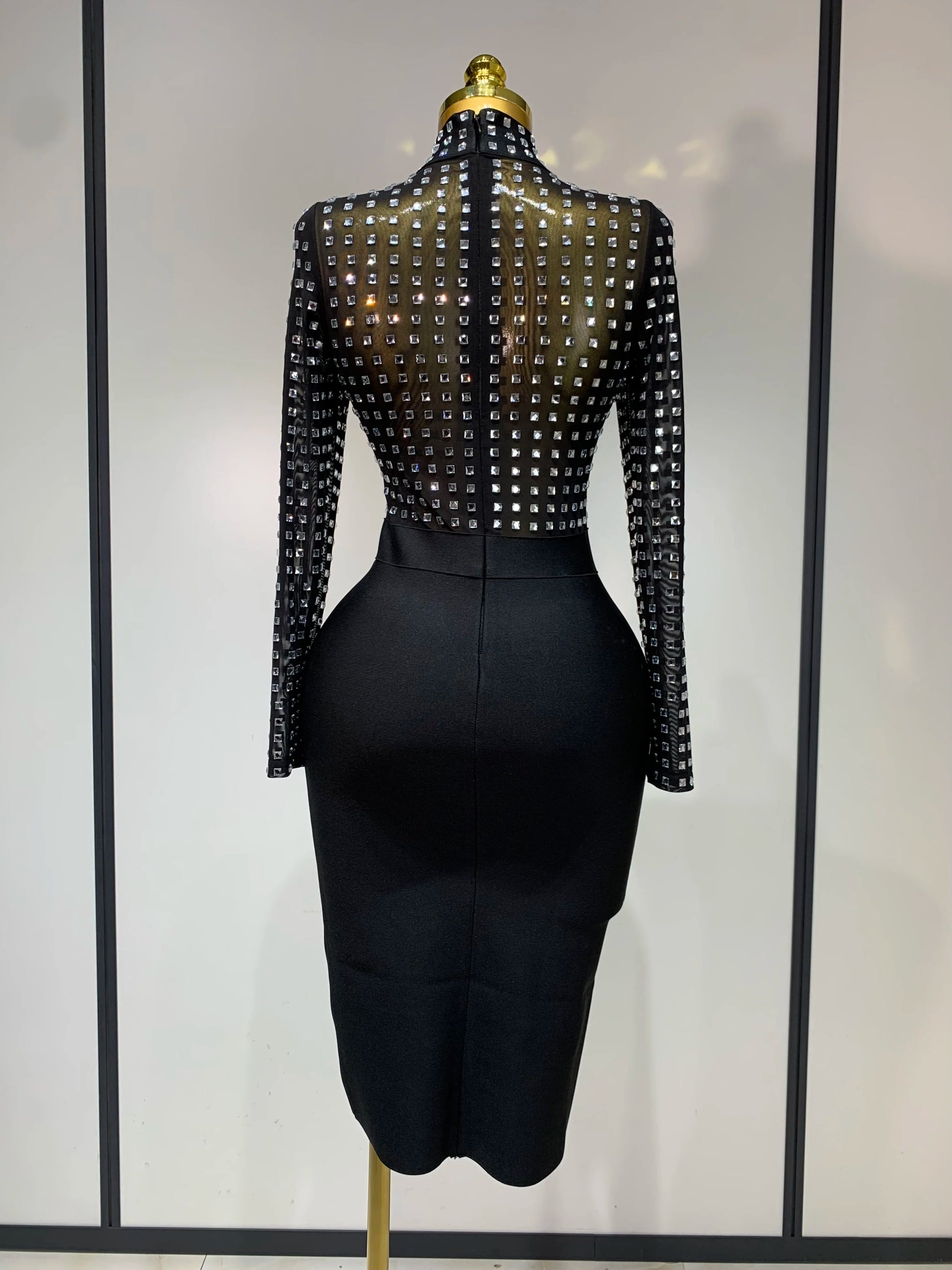 Turtleneck Rhinestones Black Mesh Bodycon Bandage Dress