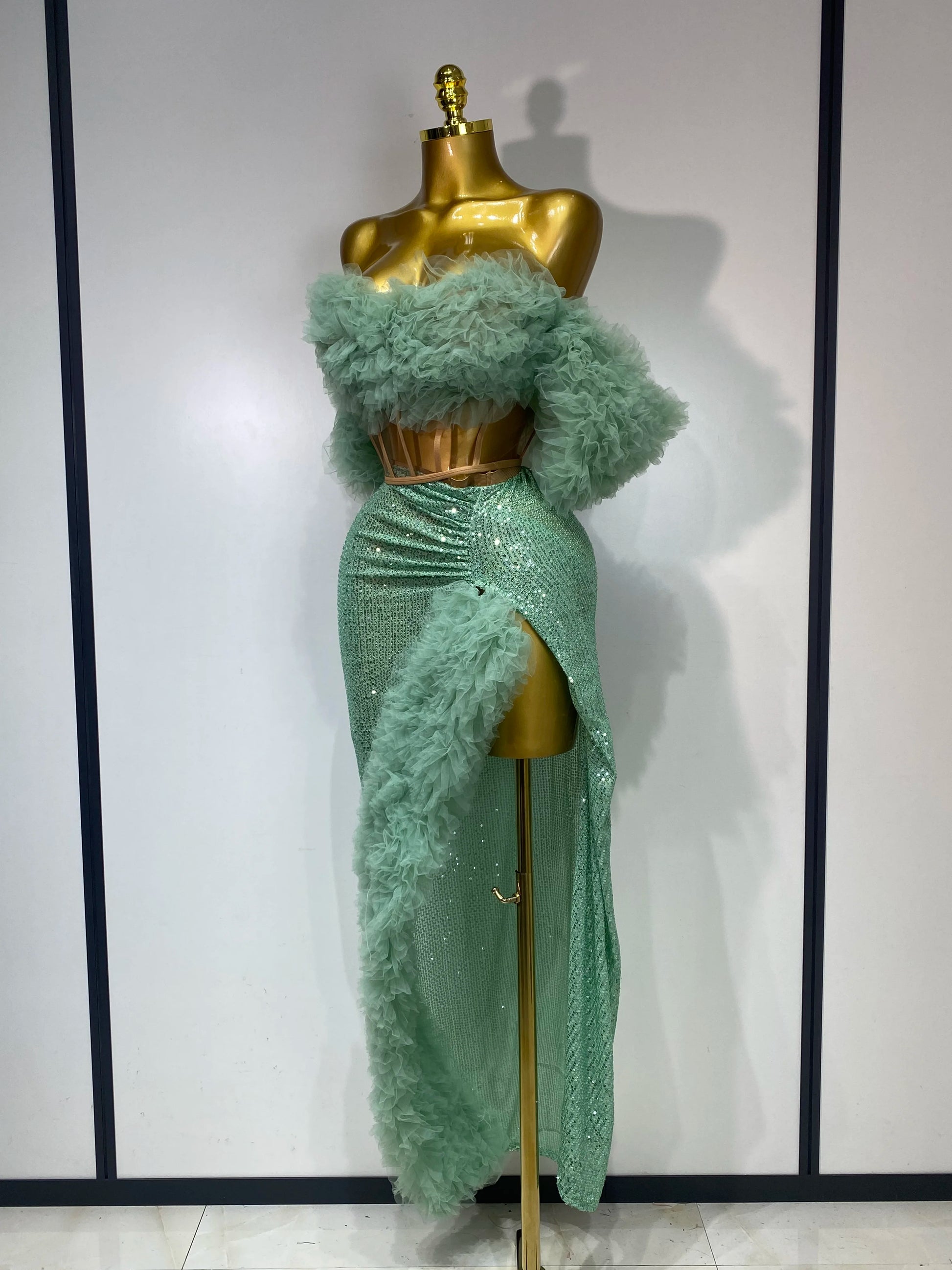 Sparkly Sequins Top Long Skirt Two Pieces Set