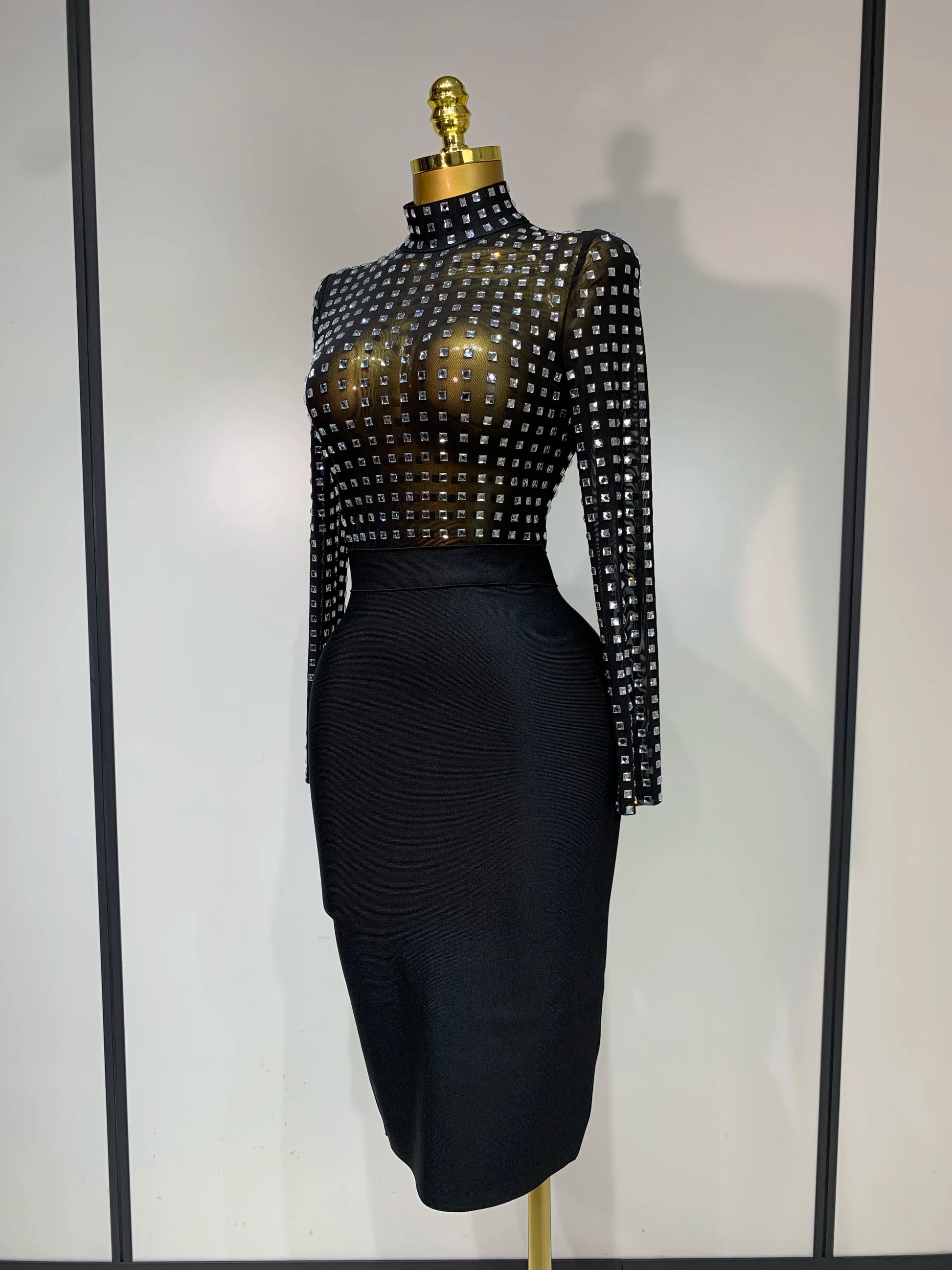 Turtleneck Rhinestones Black Mesh Bodycon Bandage Dress